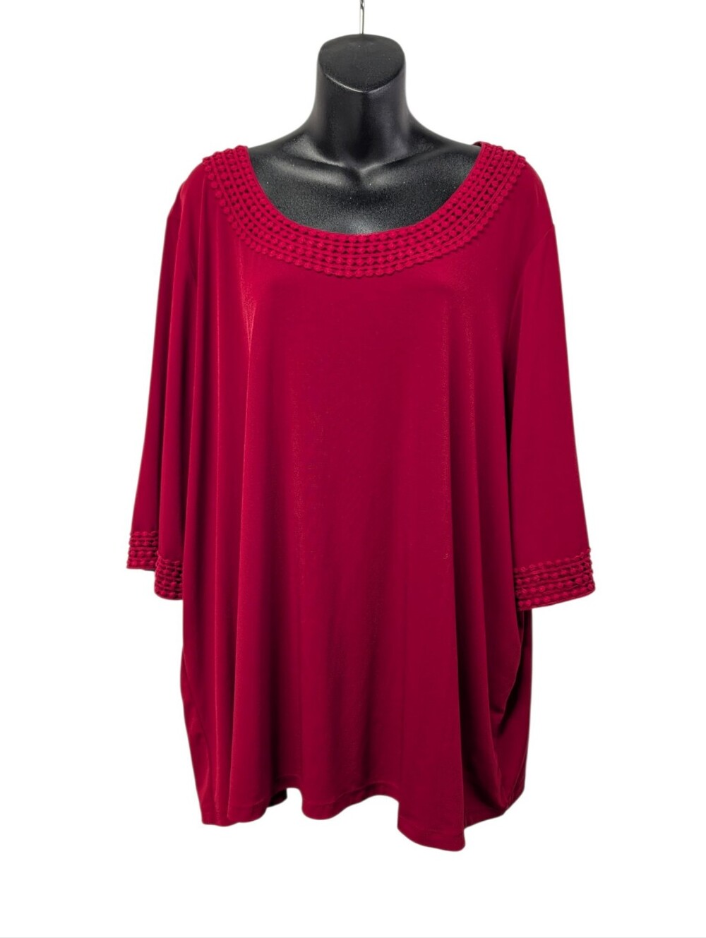 Maggie Barnes Womens Plus 2X Red Solid Knit Scoop Neck 3/4 Sleeve Crochet Trim